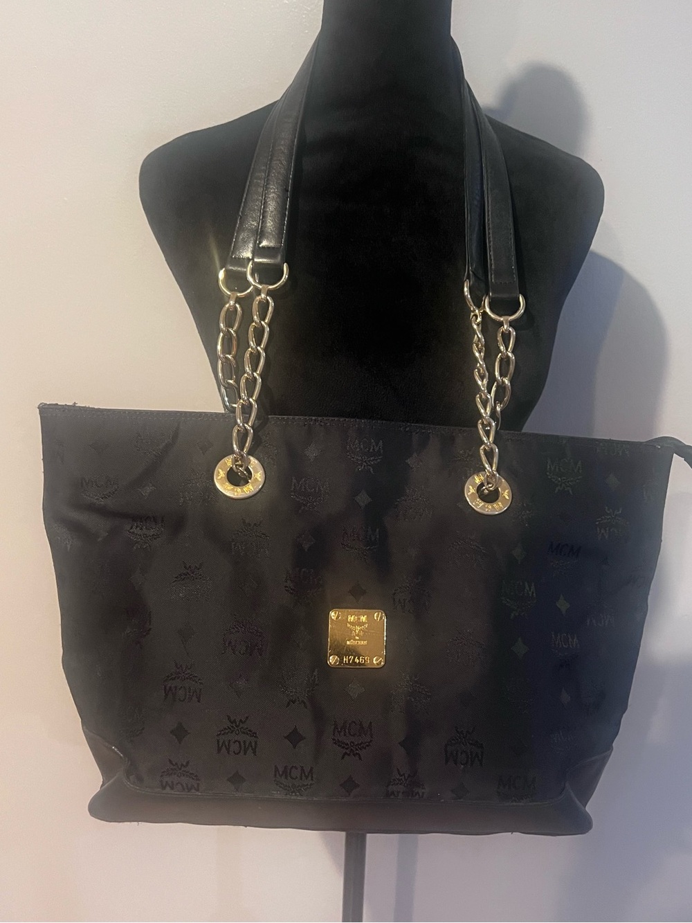 Vintage pre-owned MCM Black Logo Jacquard Tote with Gold Chain Straps